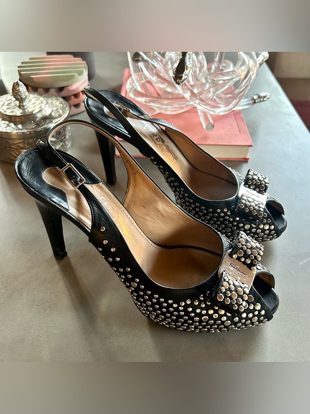 SALVATORE FERRAGAMO Black Leather Louvre Scilla Studded Slingback Heels, sz US 8 - Picture 6 of 8